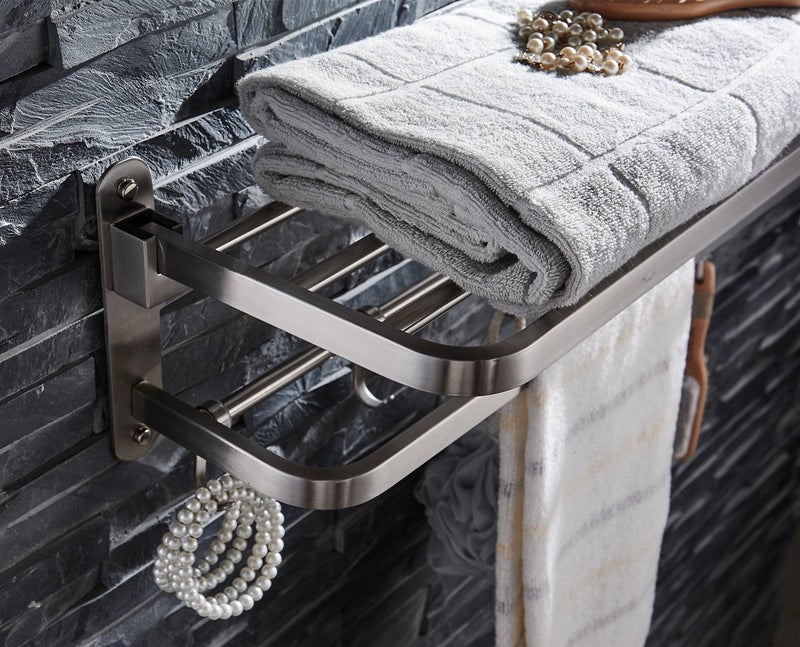 ELLO&ALLO Stainless Steel Towel Racks for Bathroom Shelf Double Towel Bar Holder with Hooks Wall Mounted Multifunctional Foldable Brushed Nickel - Image 2